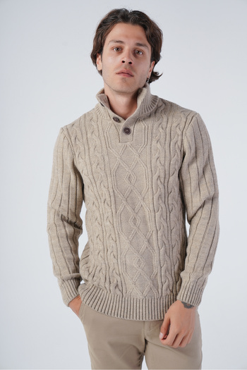Trist Star Mink Men's Hair Braided Execution Back Sleeve Ribbed Buttoned Knitwear Wool Sweater