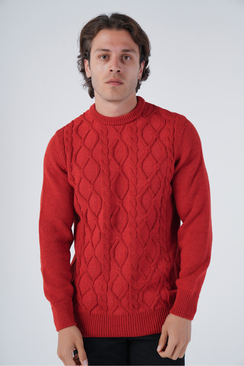 Trist Star Red Men's Hair Braided Exercise Crew Neck Knitwear Wool Sweater