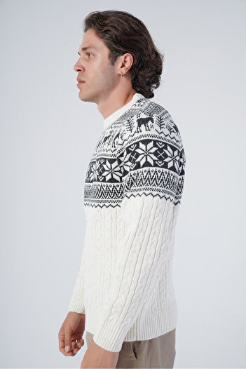 Trist Star Bone Men's Hair Braided Jacquard Deer Patterned Crew Neck Knitwear Wool Sweater
