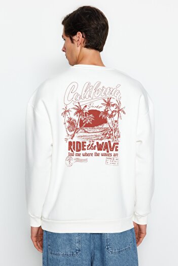 Trendyol Collection Tropical Printed Ecru Cotton Oversize Sweatshirt - Fleece TMNAW24SW00125