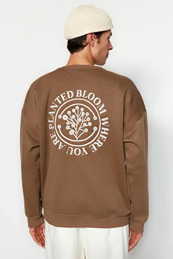Trendyol Collection Καφέ Oversize/Loose Fit Floral Κέντημα Εσωτερικό Fleece/Ζεστό βαμβακερό φούτερ TMNAW24SW00012