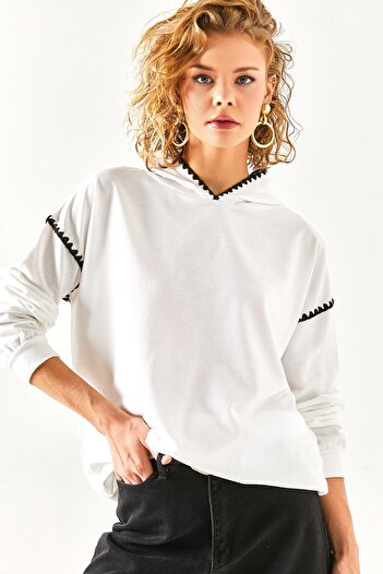Olalook Women's White Stitching Detailed Soft Textured Sweatshirt SWT-19000618