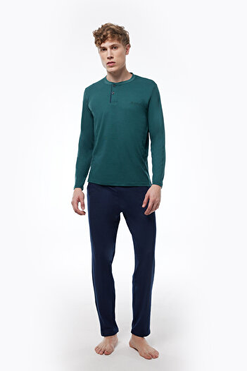 Malabadi Green Men's Pajama Set V-Neck Winter Long Sleeve Pajamas 6011