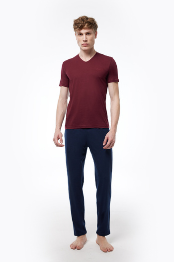 Malabadi Men's Claret Red 2-Piece Set V-Neck Summer Pajama Set 6021