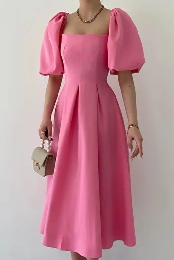 lovebox Atlas Fabric Strapless Collar Pleated Flared Cut Midi Length Short Balloon Sleeve Pink Evening Dress 167
