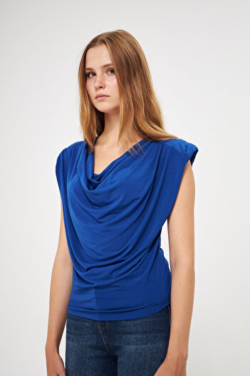 vuvutasarım Padded Shoulders Flexible Sandy Fabric Lace Collar Sleeveless Saks Blue Blouse 1009