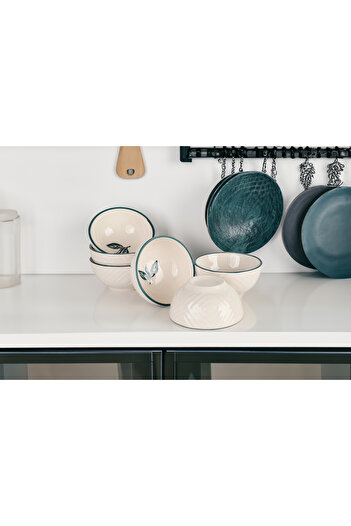 Akkoyunlu home Poplar Ceramic Bowl 6 Pieces 14 Cm Cream Snack Bowl, Handmade Bowl with Leaf Pattern