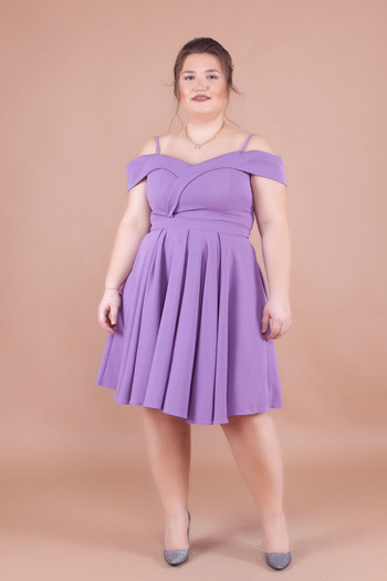 NO48 Lilac Plus Size Mini-Length Strap Off-Shoulder Detail Pleated Dress