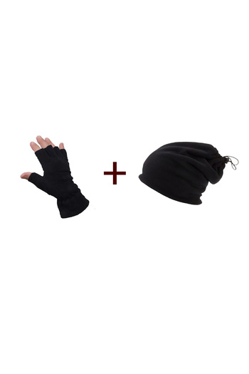 Mrey Men's Black Thermal Winter Cut-Finger Half Fleece Gloves M-l Fleece Beanie Neck Collar Set of 2