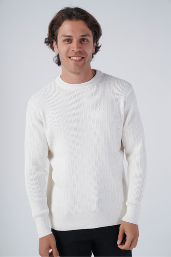 Trist Star Ecru Men's Braided Cotton Crew Neck 100% Cotton Sweater