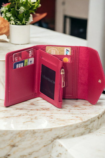 dericom Women's Soft Leather Stylish Red Wallet Card Holder Accessory with Snap Fasteners and Zipper