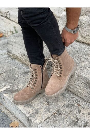 LONATOLİA Men's Genuine Leather Lace-Up Suede Boots-Milk Brown