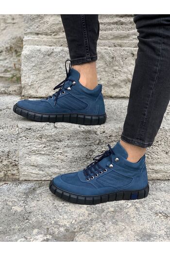 LONATOLİA Men's Genuine Leather Lace-Up Boots-Blue