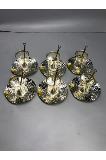NEWTREND Züccaciye Patterned Floral and Wavy Luxury Tea Plate - Coffee and Silver Colored Coaster