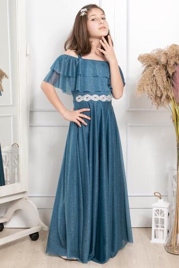 SUBU TASARIM Frill Detailed Glittery Tulle Evening Dress Indigo Mdv314