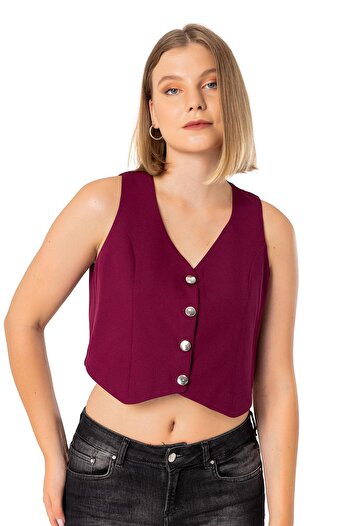 DISENTIS MODEST Buttoned V-Neck Lined Short Claret Red Women's Vest