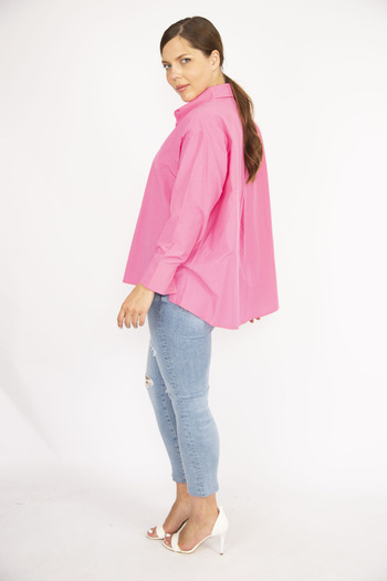 Şans Women's Large Size Pink Poplin Fabric Front Buttoned Side Slit Long Sleeve Shirt 65N36798