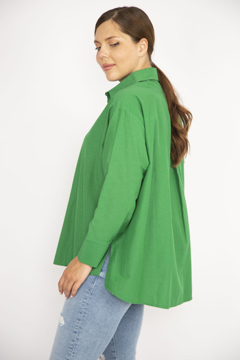 Şans Women's Large Size Green Poplin Fabric Front Buttoned Side Slit Long Sleeve Shirt 65N36798