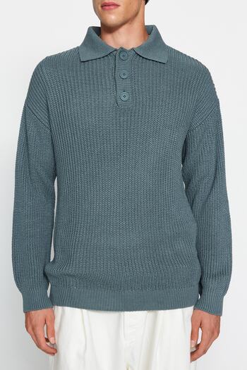 Trendyol Collection Unisex-Pullover in Petrol, Oversize-Passform, breite Passform, Polokragen, pillingfrei, Basic-Strickpullover TMNAW24KZ00000