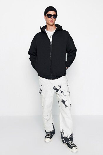 Kolekcia Trendyol Čierna oversize/široký strih na zips vnútorná strana/teplá mikina s kapucňou-Cardigan Tmnaw24Sw00049