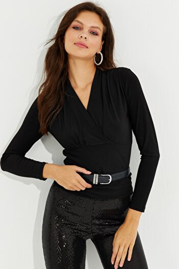 Cool & Sexy Дамска черна подплатена двуредна блуза LPP1235