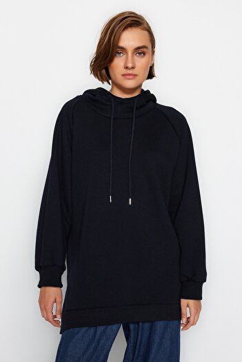 Trendyol Collection Sötétkék kapucnis Oversize bordás kötött pulóver