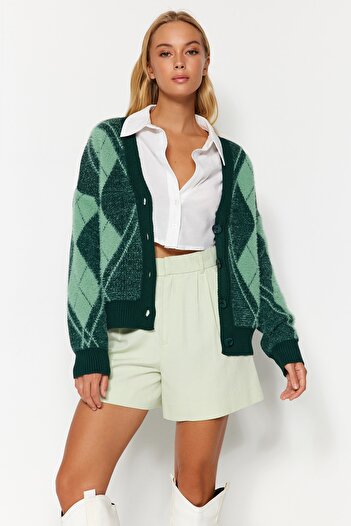 Trendyol Collection V-Neck Green Knitwear Cardigan - Soft Texture, Furry Twoaw24Hi00224
