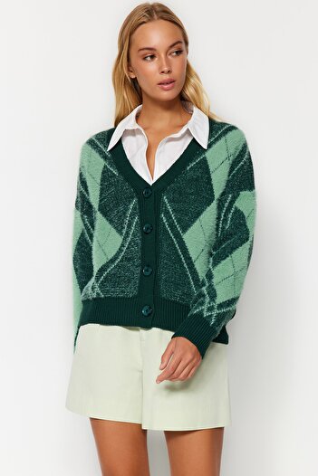Trendyol Collection V-Neck Green Knitwear Cardigan - Soft Texture, Furry Twoaw24Hi00224