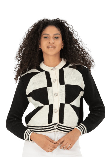 Puella Black Geometric Shape Stone Buttoned Knitwear Cardigan