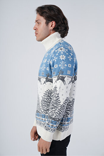 Trist Star Bone Men's Jacquard Deer Patterned Turtleneck New Year's Knitwear Wool Sweater