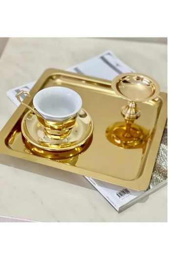 Kitchen Design Lab Paslanmaz Çelik Gold Renk Sunum Tepsisi 21 X21 Cm Çay Kahve Pasta Tatlı Servis Sunum Tepsisi 2 Adet