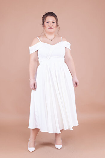 NO48 White Midi Length Plus Size Strappy Off-Shoulder Detail Pleated Dress