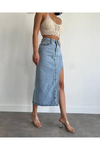 MAKRAS EXCLUSIVE Snow Wash Denim Skirt with Side Slits Light Blue