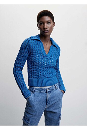 MANGO Woman Openwork Knit Polo Collar Sweater