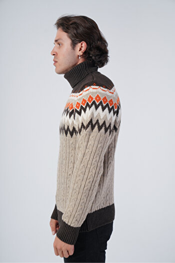 Trist Star Brown-Mink Men's Braided Jacquard Patterned Turtleneck Knitwear Wool Sweater