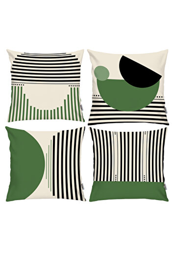 RİTMOHOME Scandinavian, Cozy, Bohemian, Modern Double Side Printed 4-Piece Throw Pillow Cover Green Cream Black