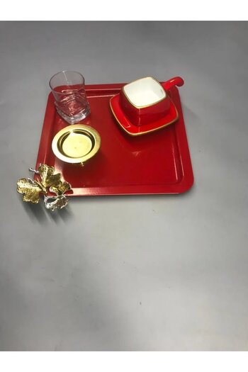 NEWTREND Züccaciye Stainless Steel Square 6-Piece Red Coffee, Tea, Decorative Presentation Serving Tray with Luxury Butterfly Accessories