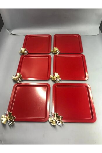 NEWTREND Züccaciye Stainless Steel Square 6-Piece Red Coffee, Tea, Decorative Presentation Serving Tray with Luxury Butterfly Accessories