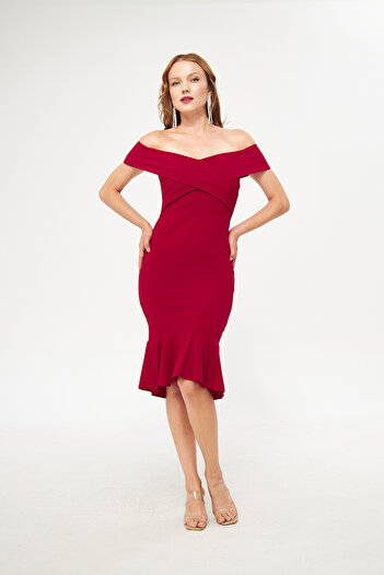 vuvutasarım Crepe Fabric Cross Band Transition Flounced Hem Midi Length Red Dress Red Engagement Dress 2870