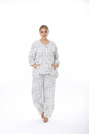 XL Modam WOMEN'S LARGE SIZE WOVEN VISKOSE WHITE PATTERNED DOUBLE SET