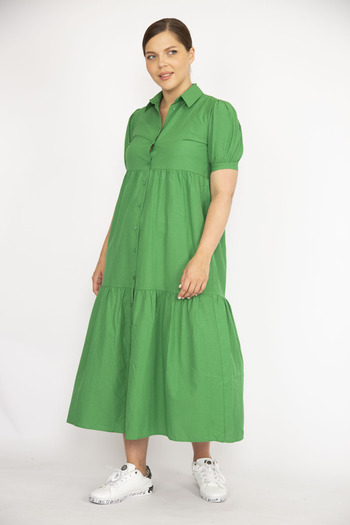 Şans Women's Large Size Green Poplin Fabric Front Length Buttoned Dress 65N36790