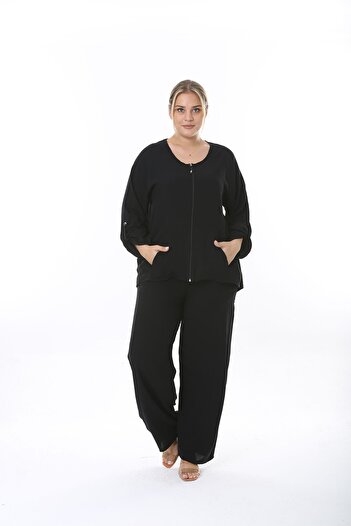XL Modam WOMEN'S LARGE SIZE WOVEN VISKOSE BLACK DOUBLE SET