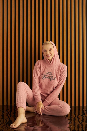 Pijamoni tissue Kapüşonlu Polar Kadın Pijama Takımı