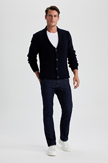 DeFacto Navy Blue Standard Fit Shawl Collar Knitted Detailed Buttoned Knitwear Cardigan X7969Az23Au