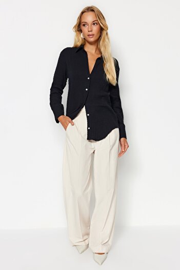 Trendyol Collection Muslin Fabric Oversize fekete ing - TWOAW24GO00210