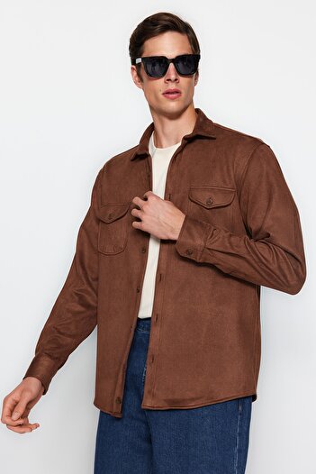 Trendyol Collection Καφέ κανονική εφαρμογή διπλής τσέπης σουέτ χειμερινό πουκάμισο TMNAW24GO00033
