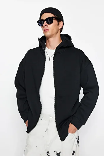 Kolekcia Trendyol Čierna oversize/široký strih na zips vnútorná strana/teplá mikina s kapucňou-Cardigan Tmnaw24Sw00049