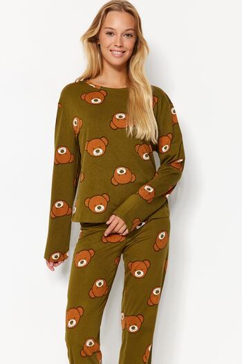 Trendyol Collection Sada pyžama s medvídkem v khaki barvě se vzorem 100% bavlna - Thmaw23Pt00514