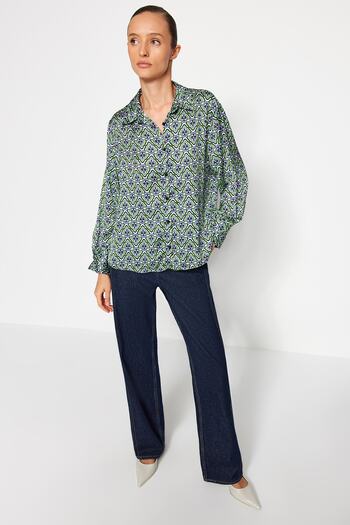 Trendyol Collection Zöld virágos szatén szőtt ing TWOAW24GO00258