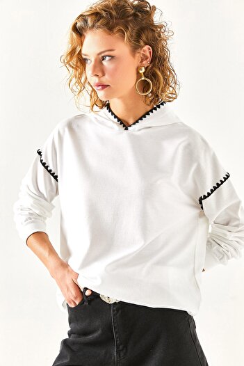 Olalook Women's White Stitching Detailed Soft Textured Sweatshirt SWT-19000618